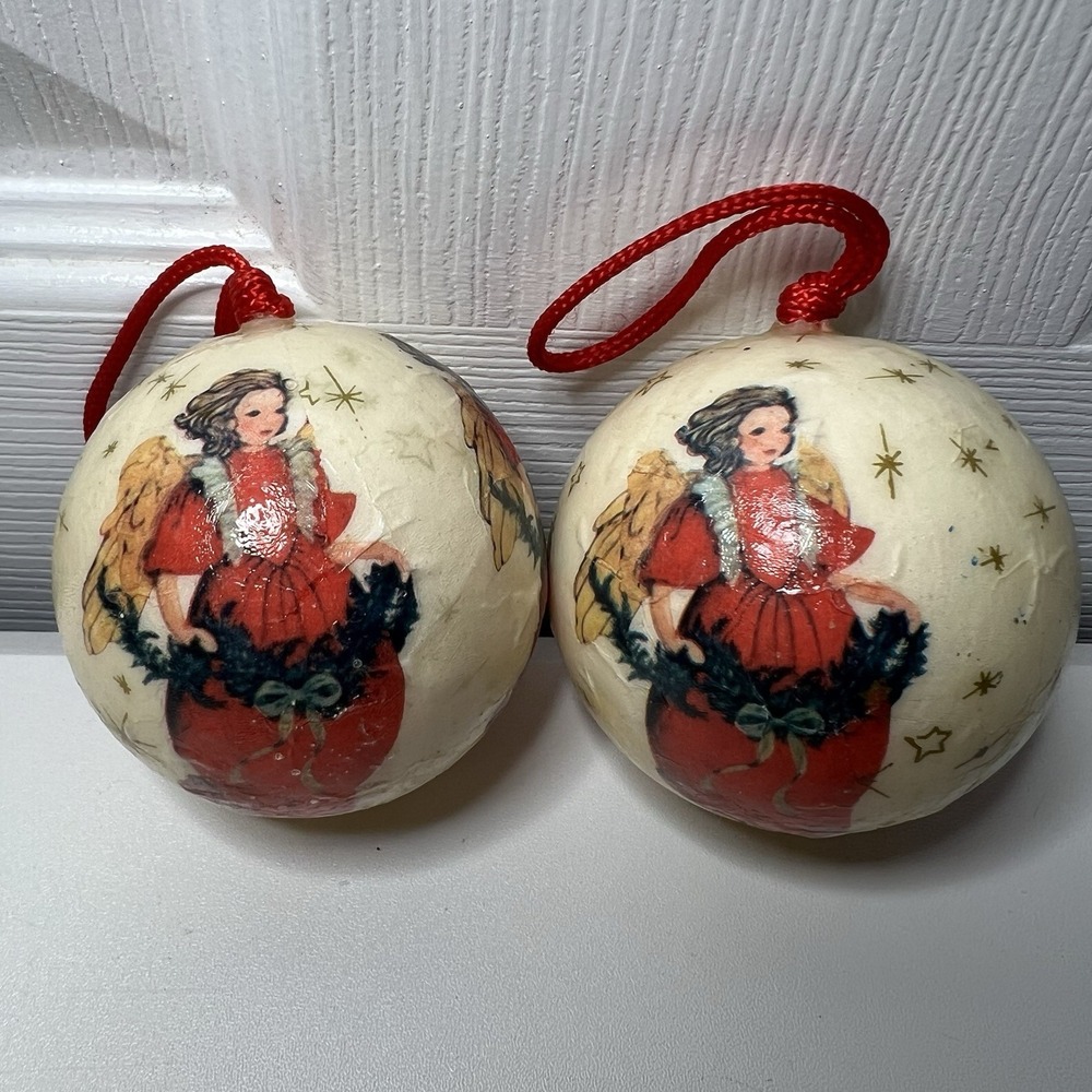 Set Of 2-Vintage Decoupage Angel Christmas Ornaments